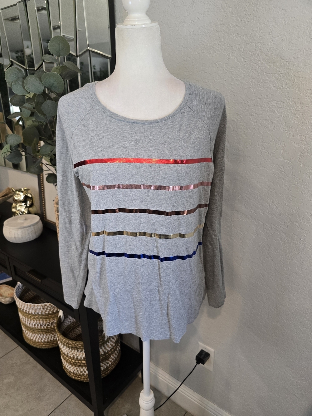Boden Gray Long-Sleeve Tee with Multicolor Metallic Stripes